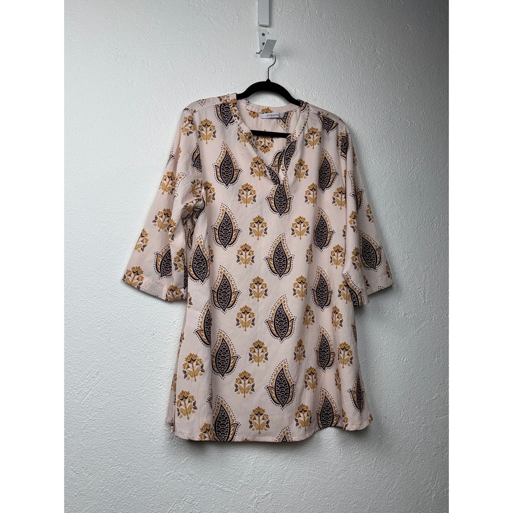 Etiquette Pink Floral Cotton Tunic - 5XL- Boho Block Print 3/4 Sleeve Top
